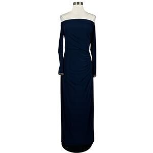 Adrianna Papell Women's Formal Dress Size 8 Blue Off the Shoulder Long Gown